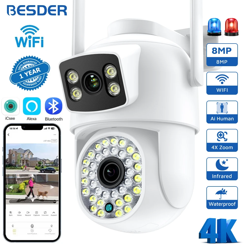 

BESDER 4K 8MP IP Camera PTZ Outdoor Dual Screens Human Detection CCTV Wifi Surveillance Camera 4MP Security Protection iCSee App