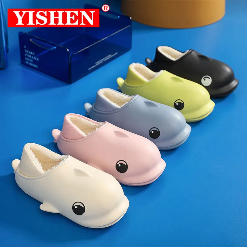 YISHEN Dolphins Slippers Women Warm Plush Winter Men Slides Cute Boys And Girls Children\'s Shoes Floor Home Slippers Zapatillas