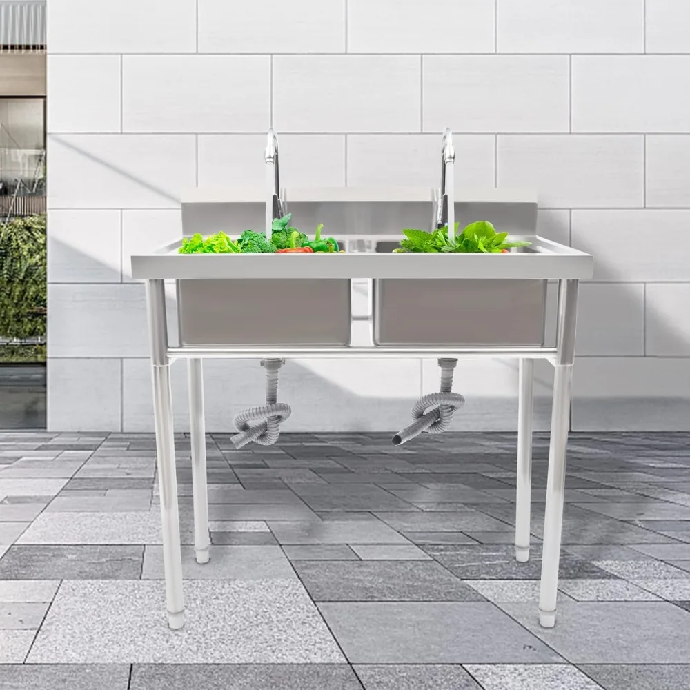 

Commercial Grade Stainless Steel Double Bowl Sink for Restaurant Kitchen with Two Faucets, Suitable for Prep and Utility Work
