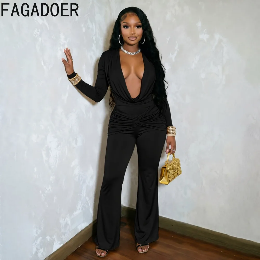 FAGADOER Sexy Cowl Neck Ruched Jumpsuit Women Long Sleeve Deep V Neck Bodycon Flare Pants One Piece Outfit Night Club Streetwear