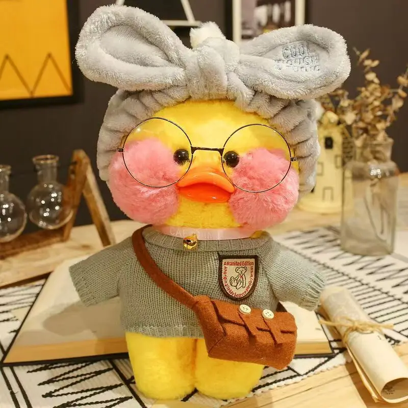 Cafe Duck 30cm Little Yellow Duck Cute Pillow Plush Toy Stuffed Doll Wearing Glasses and Clothes Cartoon Cute Toy