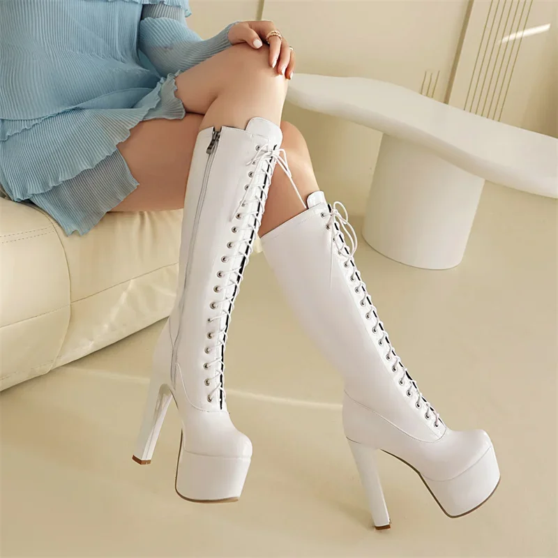Red High Knee Boots Women Platform Sexy Luxury White Black Heels Women's Winter High Boot Party Dance Shoes Lady Big Size 45 image 4