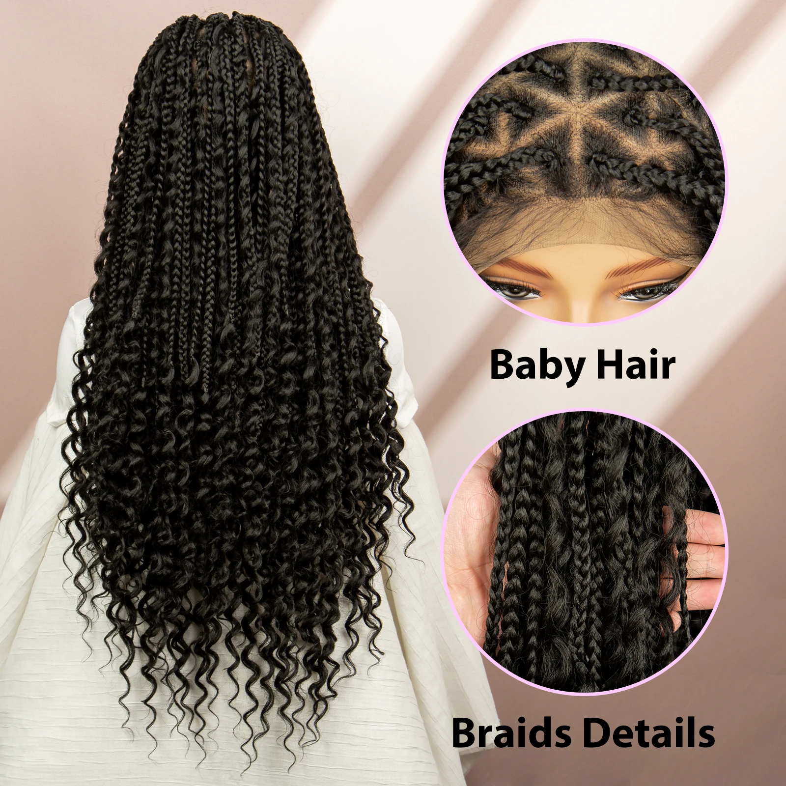 Perruques tressées synthétiques Full Lace pour femmes noires, perruques tressées dans la boîte avec des cheveux de bébé, perruques Frmetds, perruques Boho Braids, extrémités bouclées