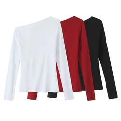 FRAT Autumn New Women's Casual Fashion Simple Asymmetric Collar Ribbed Solid Color Long Sleeve T-shirt