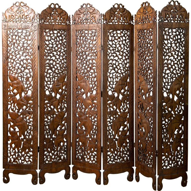 Thai Solid Wood Double-sided Carved Elephant Folding Screen with Southeast Asian Style Entrance Folding Screen Partition