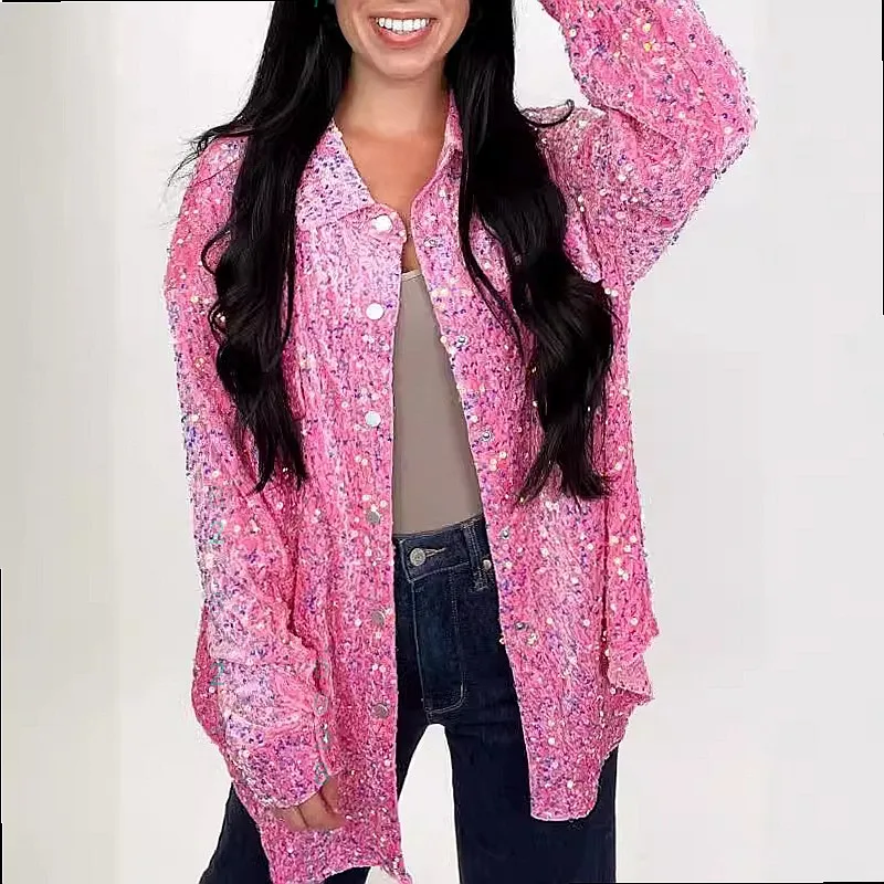 

Shirt Blouse Top Sequin Pocket Long Sleeve Outerwear Casual Fashion Shirts Blouses Tops