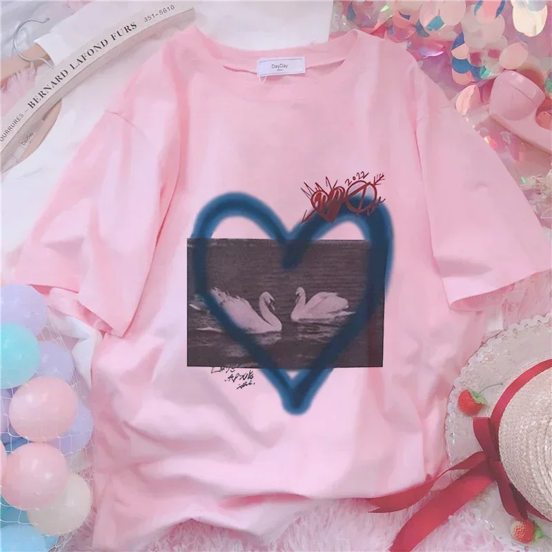 Cherry Kawaii Print T-shirt Women Clothes Harajuku Aesthetics Pink Tops Tshirt Kpop 2024 New Summer Fashion Y2k Female T Shirt