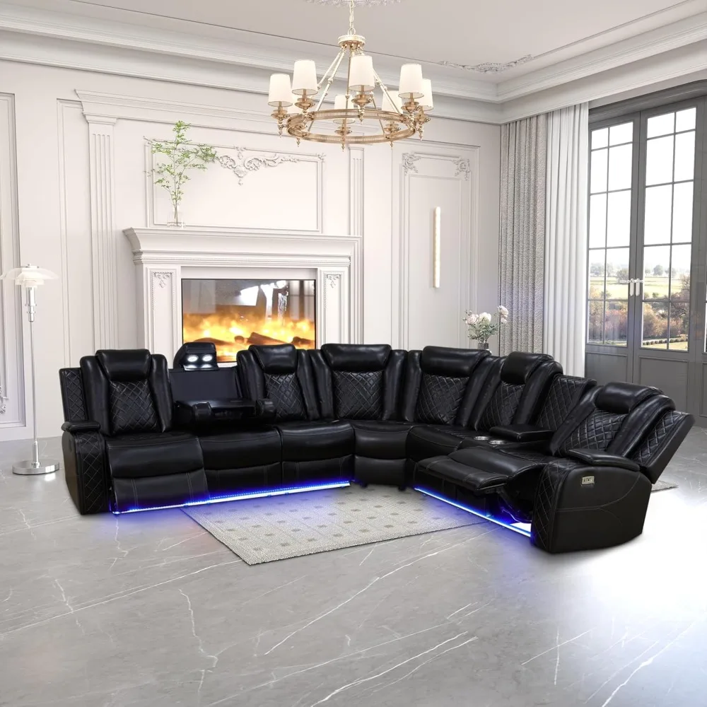 

Power Recliner Sectional Sofa with LED, Power Reclining Sectional Couch, Breathing Leather Sofa Couch with USB Port&Cup Holder