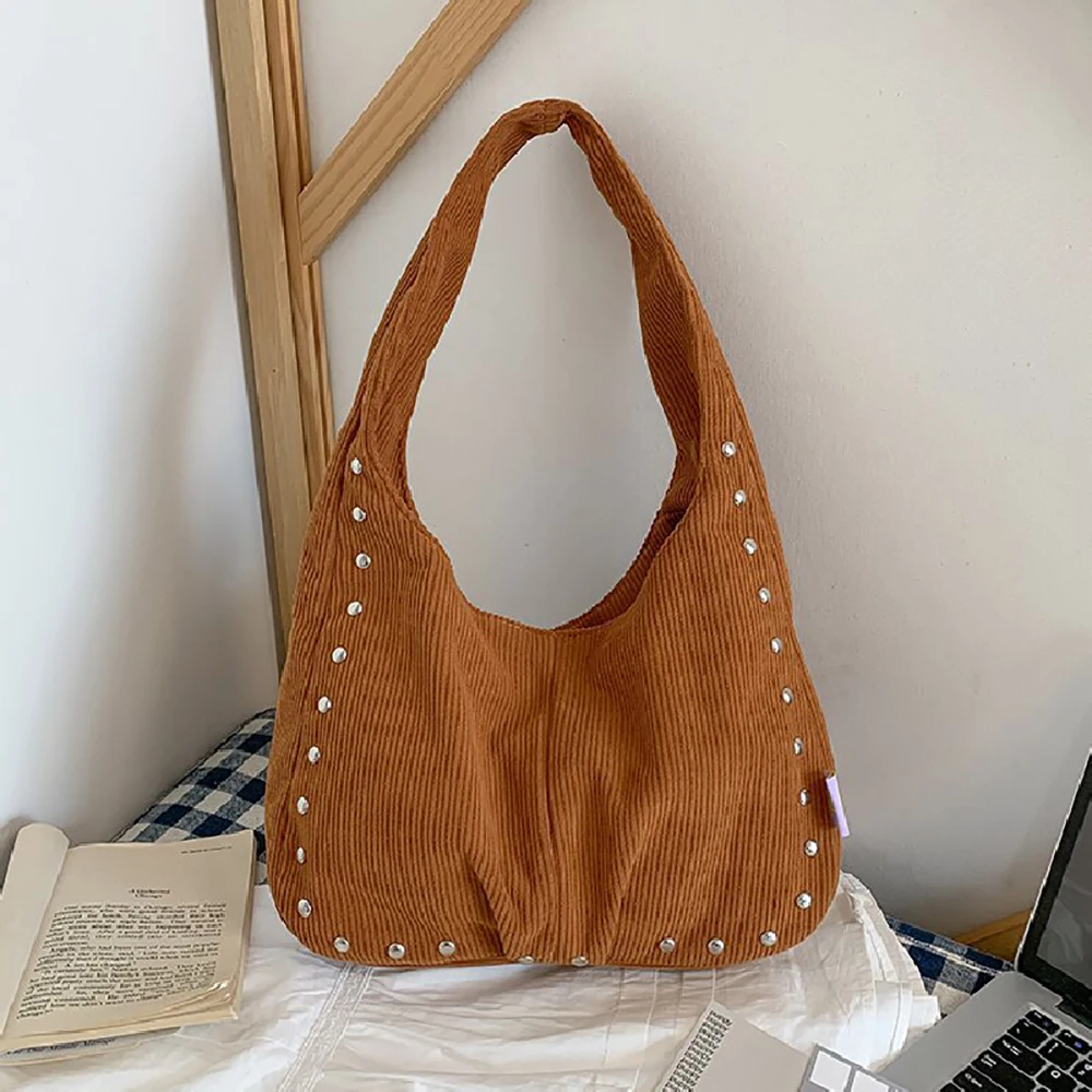 

Rivet Corduroy Tote Bag Solid Color All-Match Buckle Casual Women One Shoulder Bags Daily Commute Shopping Handbags