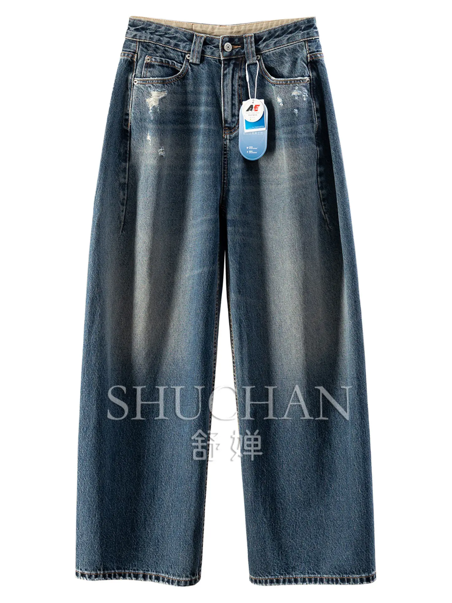 Fashion Jeans Cotton Lyocell Lycra Premium Ripped Wide Leg Sickle Jeans Women's E049 Pantalon Pour Femme