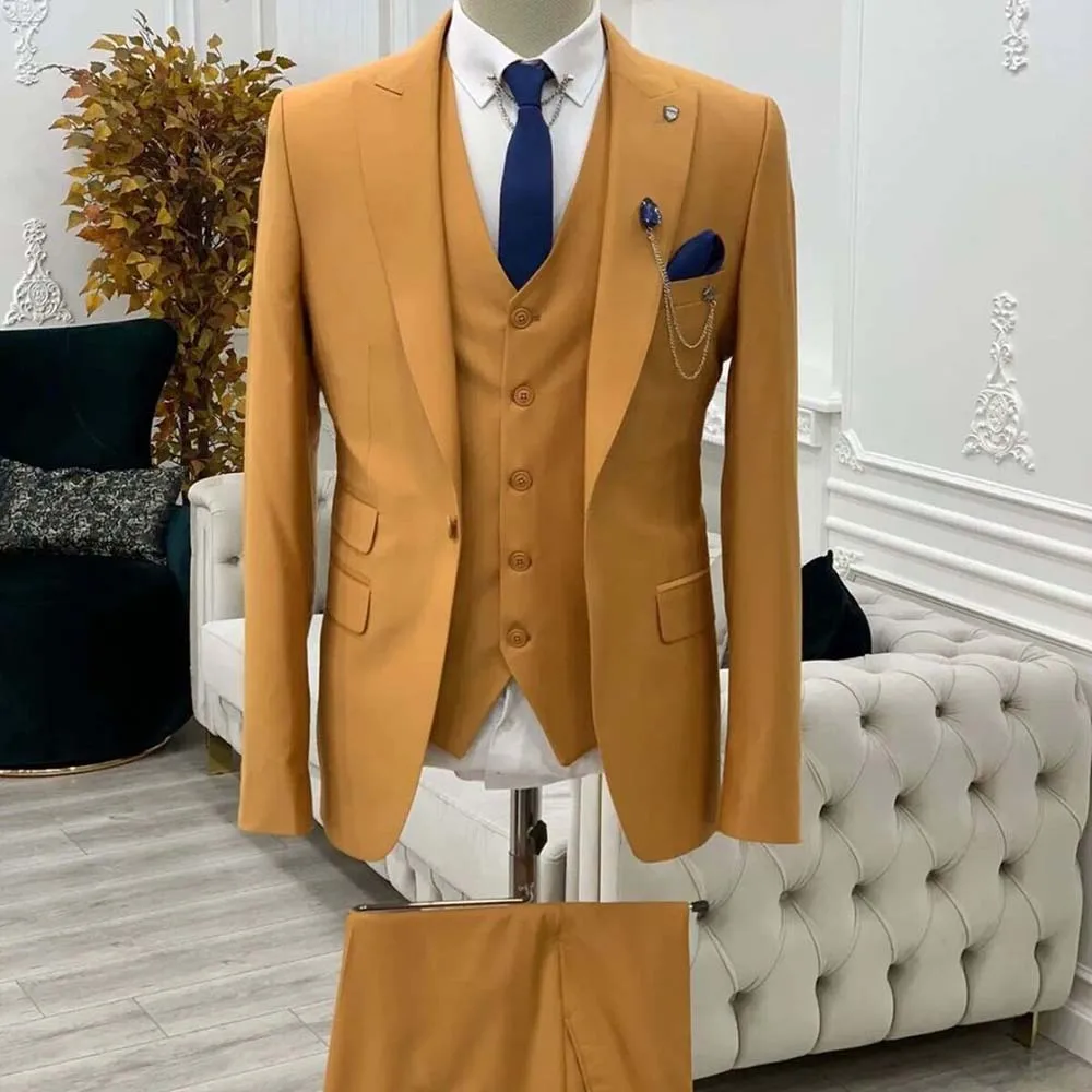 Luxury Yellow Men Suits Slim Fit Male Clothing One Button Peak Lapel Blazer Elegant Wedding Dress 3 Piece Jacket Pants Vest Sets