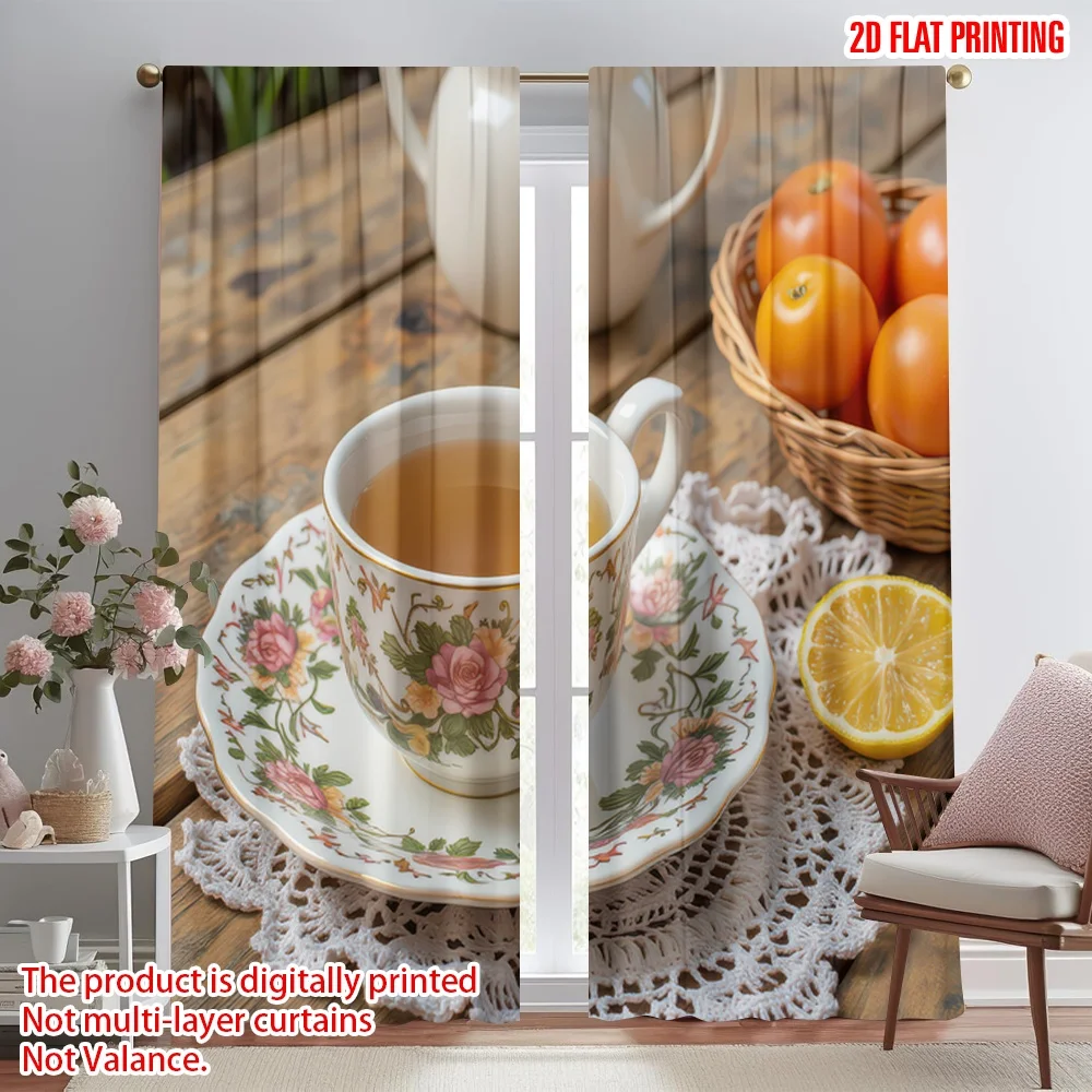

2D flat printing 2pcs Window Treatment Curtains Tea with Lemon and Flowers Digital Printed Polyester Drapes All Season Party &
