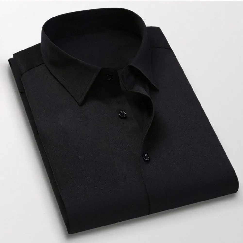 Camisa de manga larga para hombre, camisa Formal de alta elasticidad con cuello vuelto, Color sólido, botonadura única para negocios, suave