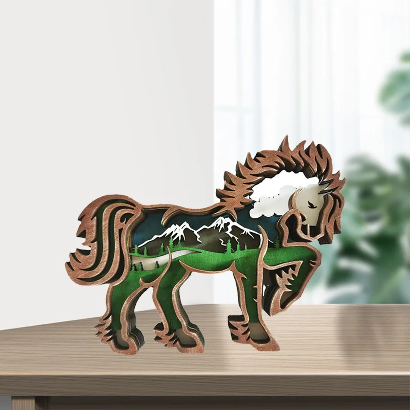 Hollow Multi-layer Christmas Creative Animal Carved Wooden Statues Handmade Animal Crafts With LED For Office Desktop Home Decor