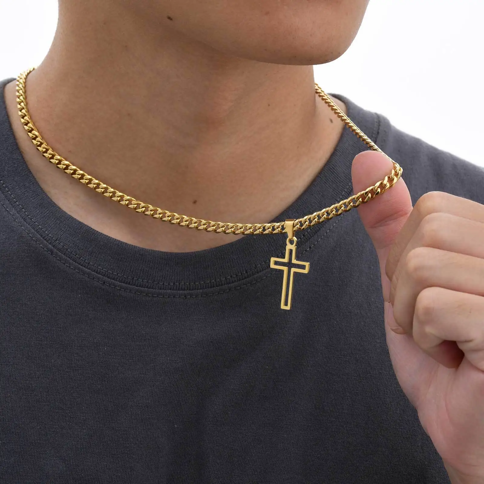 Grundlegende Kreuz-Halskette für Männer und Jungen, wasserdichter, stahlfreier, hohler Kreuz-Charm-Anhänger, einfacher Gebetsschmuck – Detail 2