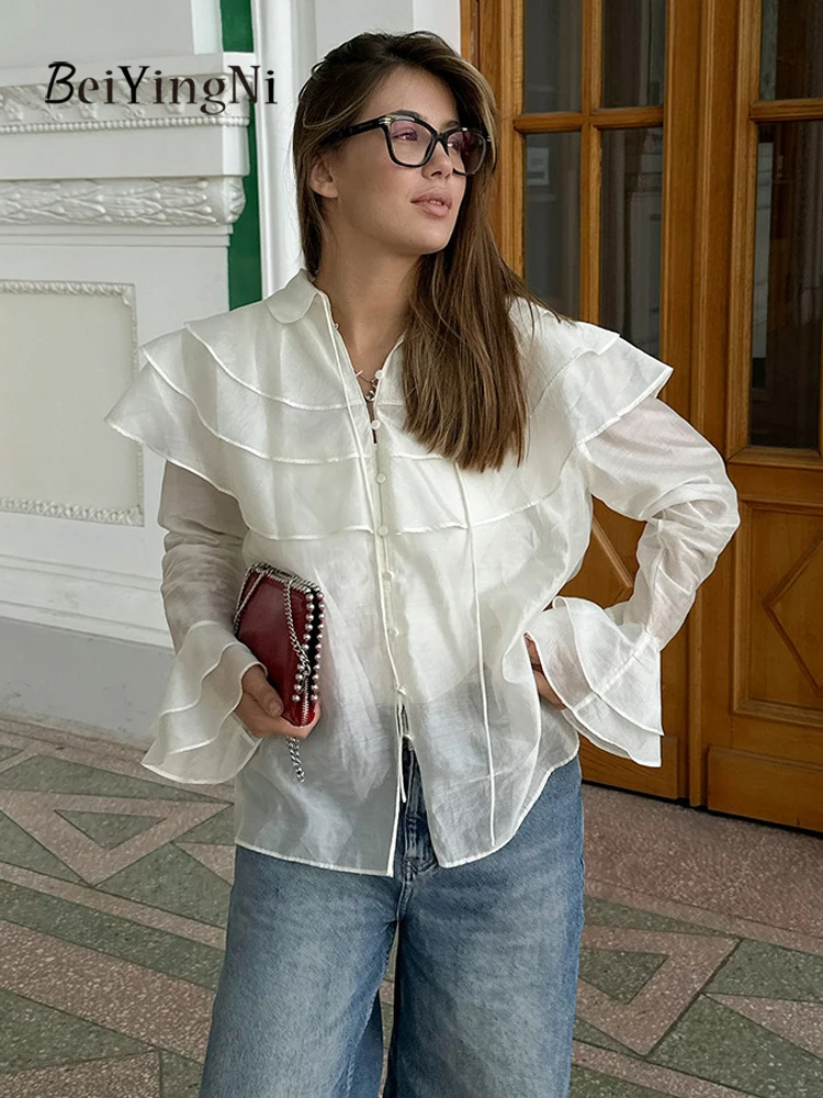 

Beiyingni, французские элегантные женские рубашки с оборками, новинка 2025, модные офисные женские блузки, свободные универсальные белые сексуальные блузки