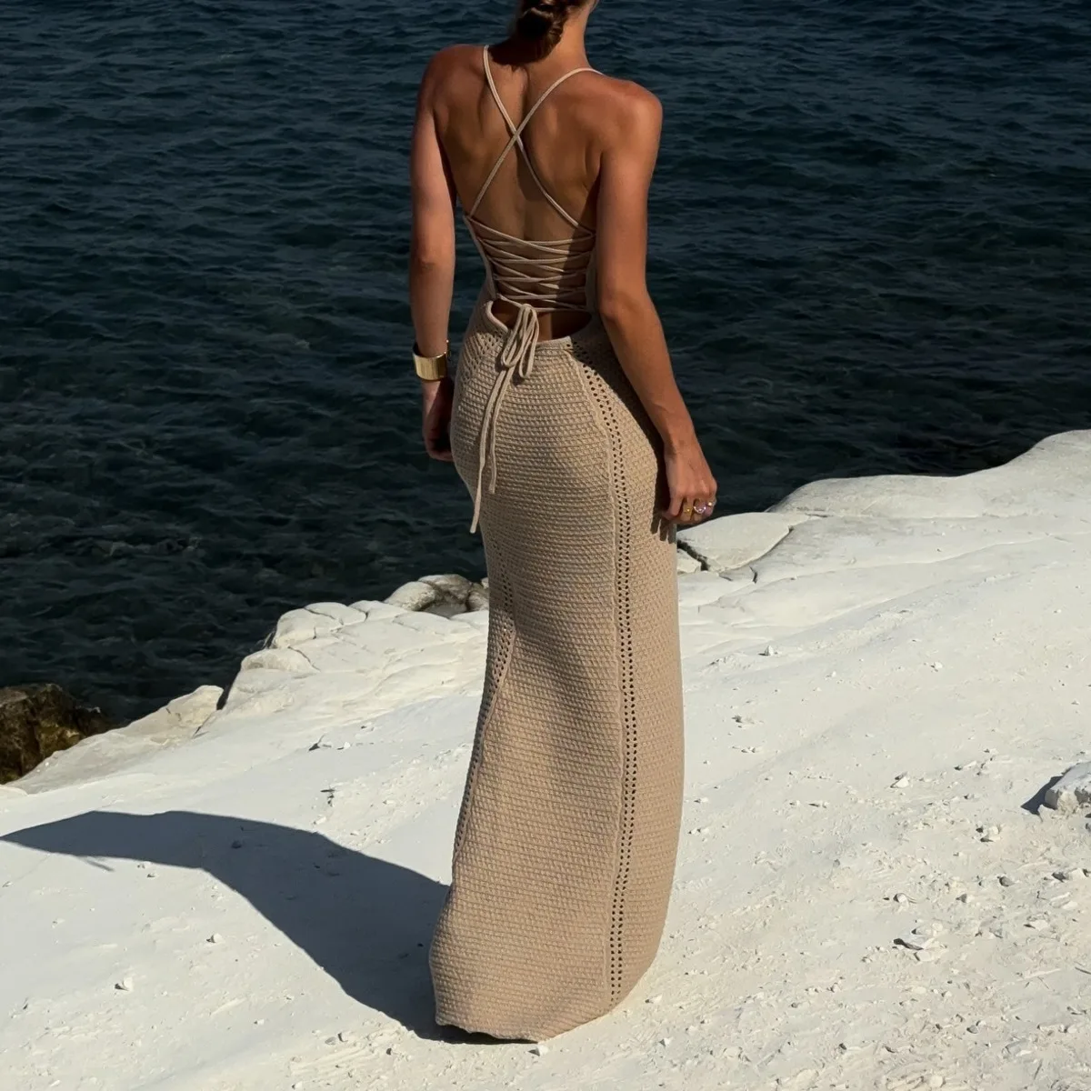 KWTX Dames Elegante V-hals Strapless Gebreide Bodycon Rok Jurk Tuinfeest Lace Up Sheer Sexy Designer Lente Zomer 2026