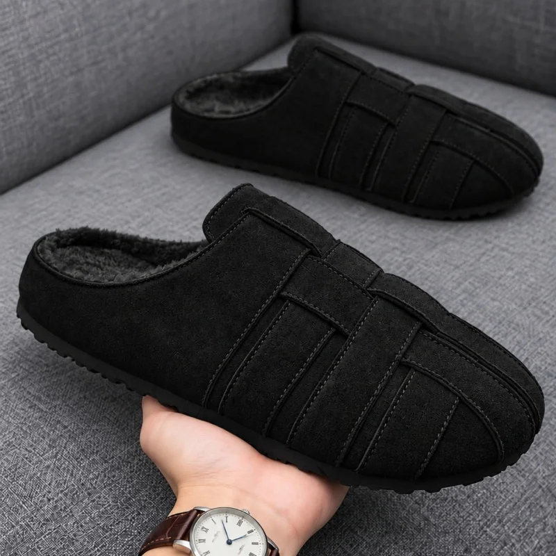 Men Winter Warm Slippers Faux Suede Woven Detail Mules Plush Lined House Shoes Slip On Indoor Outdoor Casual Footwear