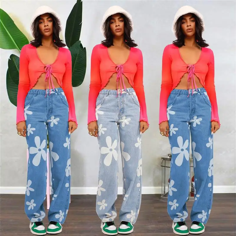 Traceable Fashion Straight Leg Denim Jeans Women's High Waist Wide Leg Pants Cross-Border ZT60243 Wishebay