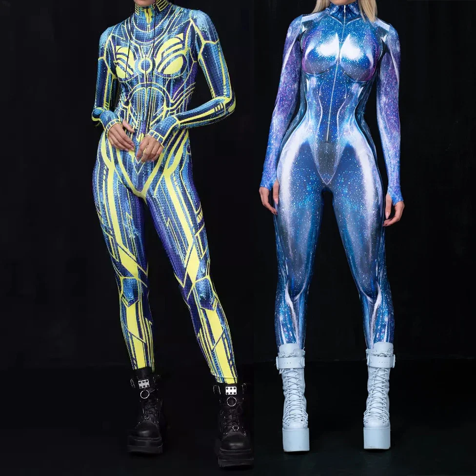

Cosplay Costume Futuristic Galaxy Warrior Jumpsuit Women Mechanical Armor Print Bodysuit Halloween Party Long Sleeve Zentai Suit