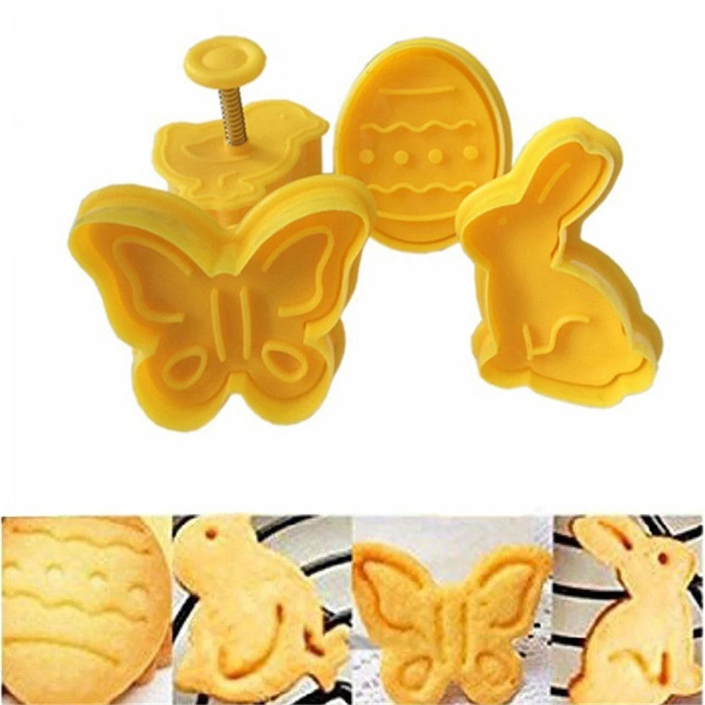 4Pcs Easter Bunny Pattern Plastic Baking Mold Kitchen Biscuit Cookie Cutter Pastry Plunger 3D Die Fondant Cake Decorating Tools