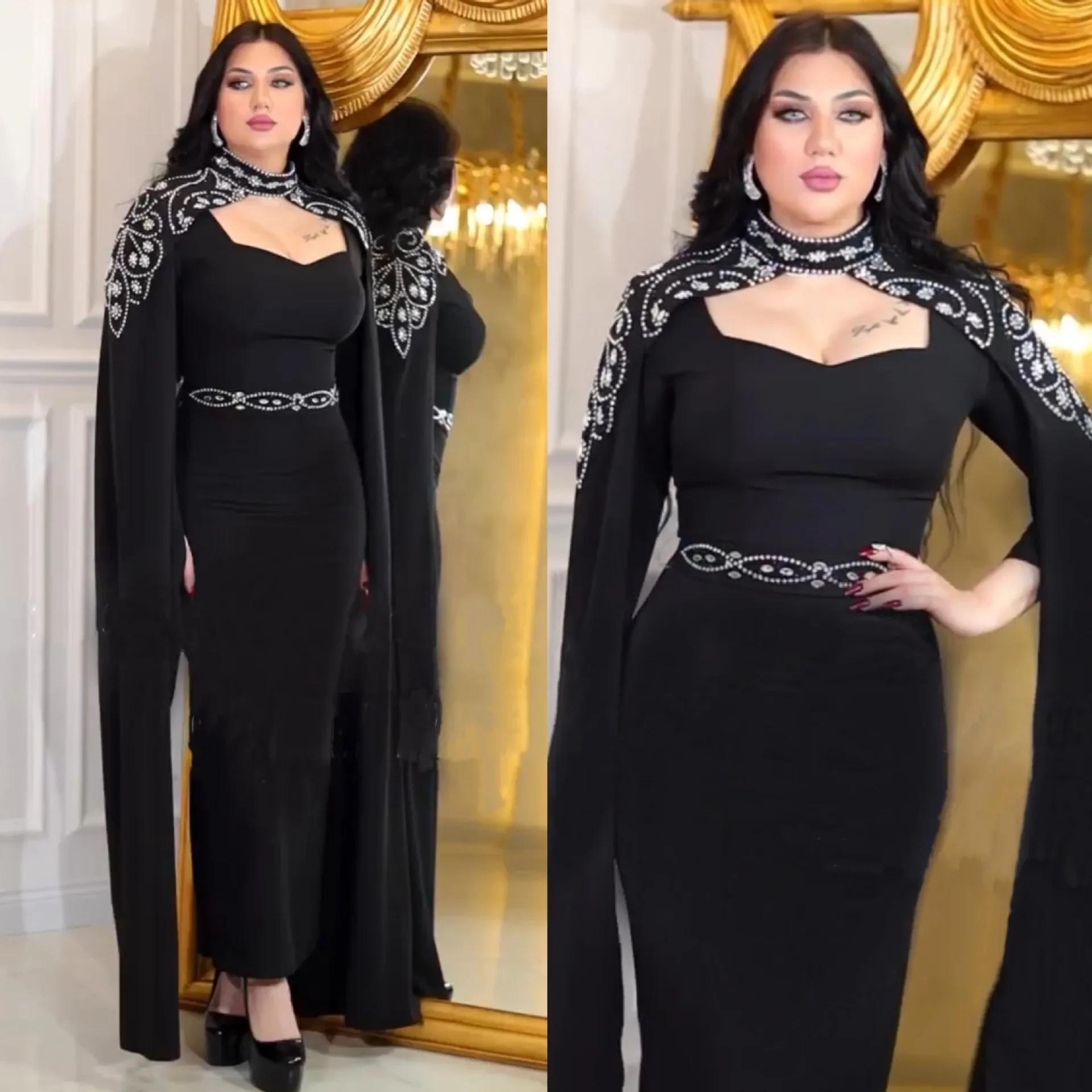 Diamonds Abayas Cape Sleeve Maxi Dress for Dubai Women Muslim Evening Party Kaftan Eid Mubarak Caftan Islam Jalabiya Vestidos