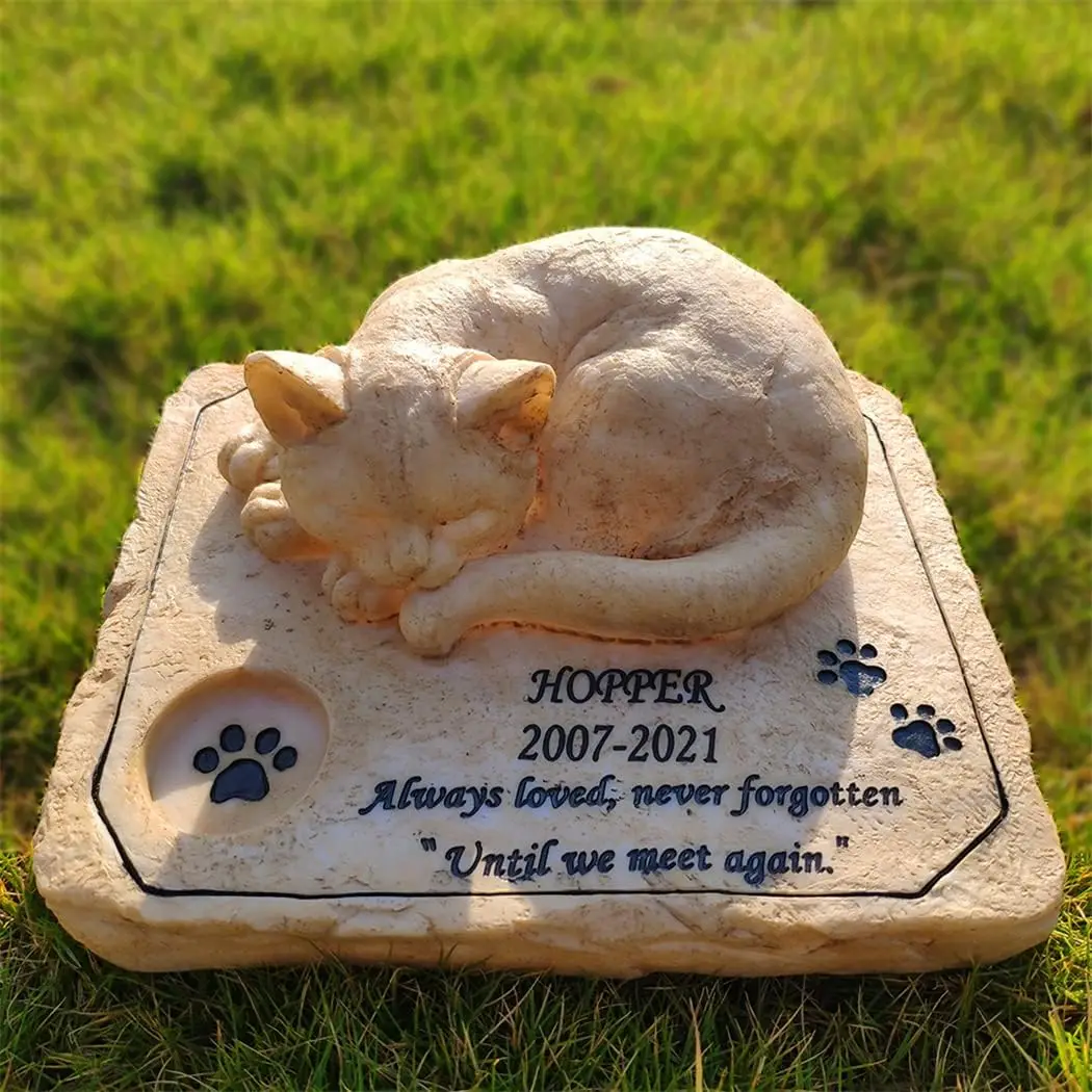 Cat Memorial Stones,Personalized Pet Memorial Stones Grave Markers with A Sleeping Kitten On The Top, 8"×6.5"×3"