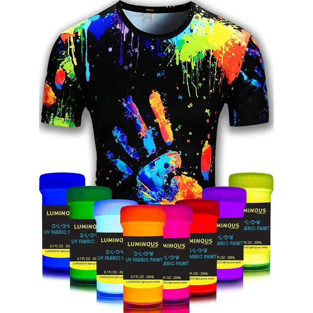 Fabric Paint for Clothes Set of 8 Neon 20mL Black Light Glow in The Dark Paint Colors for Clothes Textile and Canvas Gifts