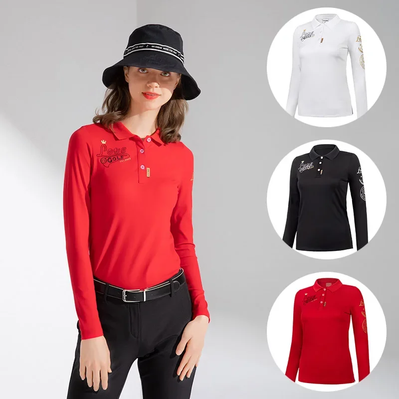 

Love Golf Women Printing Golf T-shirt Ladies Slim Long Sleeve Shirt Women Elastic Turn Down Collar Tops Training Sportswear