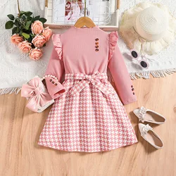 Kids Casual Dress for Girls Clothes 2024 Autumn Winter New Toddler Pink Houndstooth Long Sleeve Princess Dress Fashion Children