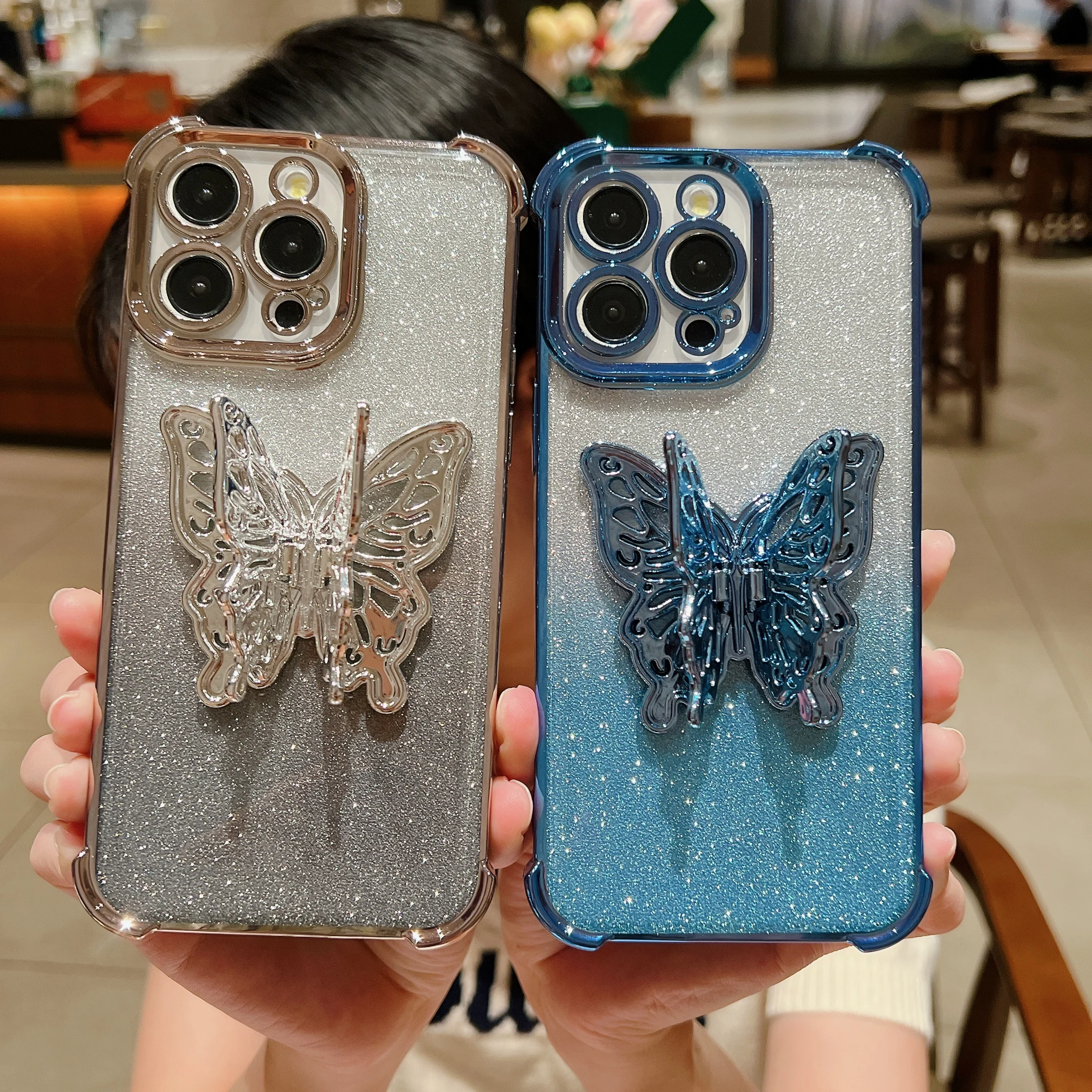 Fundas de teléfono chapadas con soporte de mariposa para IPhone, 15, 14 Pro Max, 13, 12, 11, purpurina degradada, protección a prueba de golpes, cubierta trasera