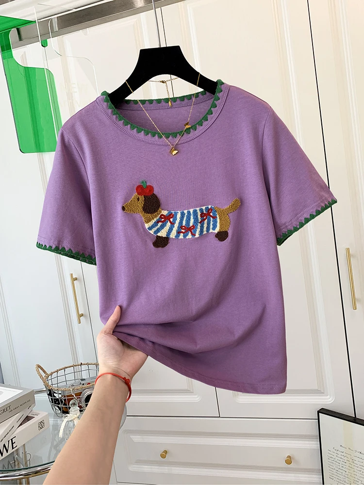 Short-Sleeved Round Neck T-shirt Women Summer New Fashion Casual Versatile Slim Fit Puppy Embroidered Tops Chic Design