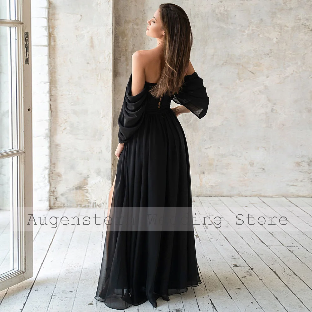 Elegante vestido de dama de honor largo negro de gasa sin hombros, vestidos de fiesta de boda para mujer, abertura lateral, una línea, vestido de fiesta Formal