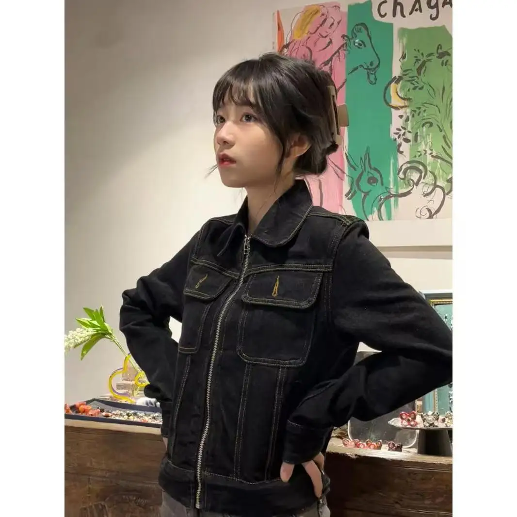 

American Retro Fashion New Zipper Denim Jacket For Women Harajuku Llapel Button Line Slim Cardigan Versatile Denim Jacket