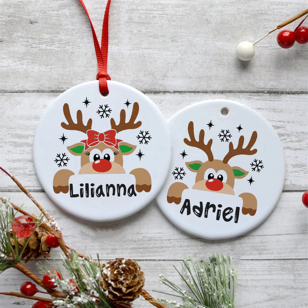 Baby\'s Christmas Ornament Personalized Deer with Name Ceramic Bauble Gift for Newborn Present for Baby Custom Xmas Decoration