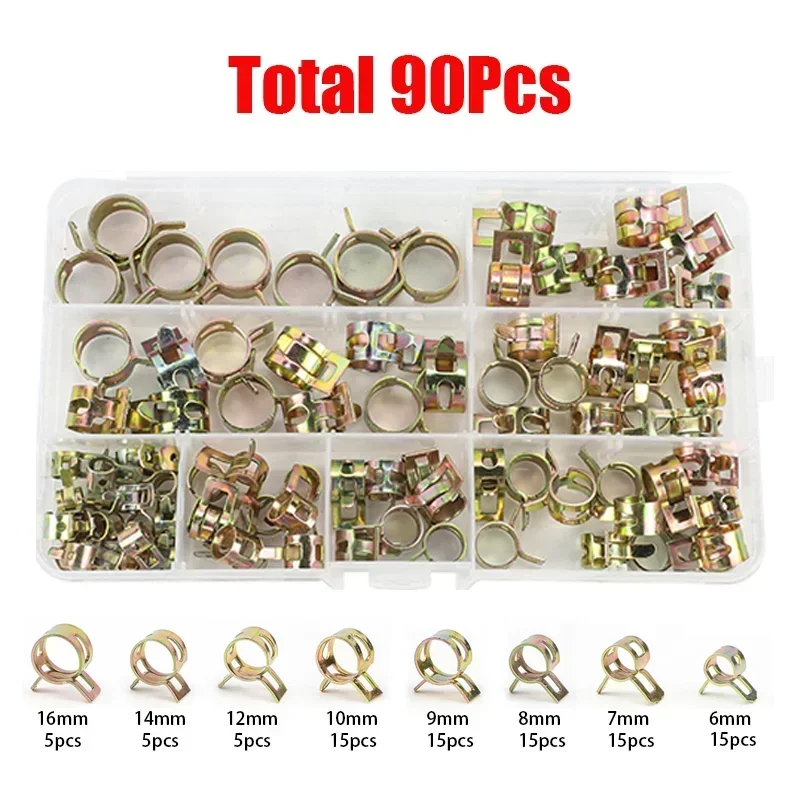 90 Stück 6 mm/7 mm/8 mm/9 mm/10 mm/12 mm/14 mm/16 mm Kraftstofffederklemme Vakuum-Silizium-Schlauchklemme Autos Federklemme Heizöl Wasserrohrklemme