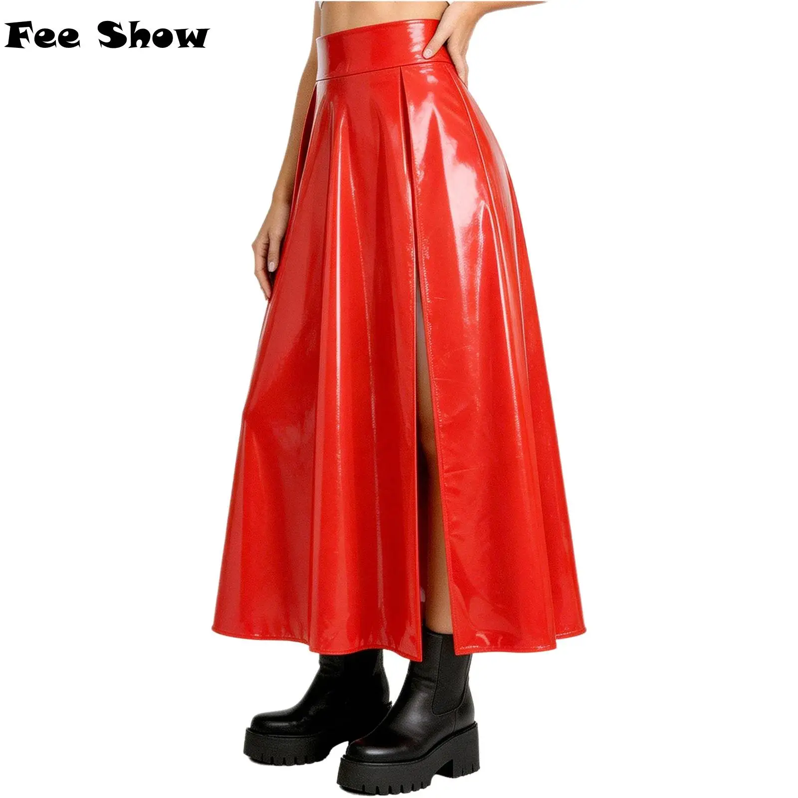Womens Shiny A‑Line Maxi Skirt Patent Leather High Split Back Invisible Zipper High-waisted Latex Long Skirt Club Rave Costume