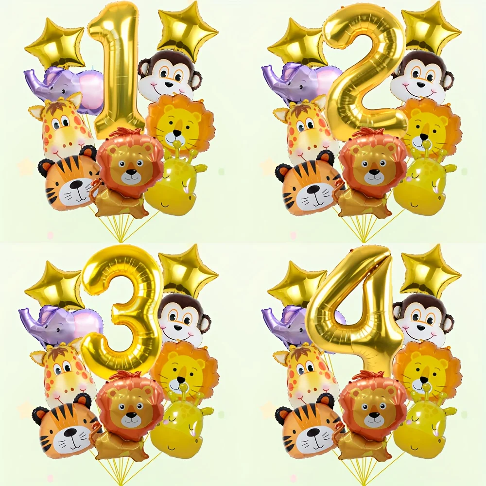 10 Stück Affe Zebra Giraffe Löwe Tiger Kleine Figur Goldene Zahl Aluminiumfolie Ballon Set für Tierthema Geburtstag Party Dekor