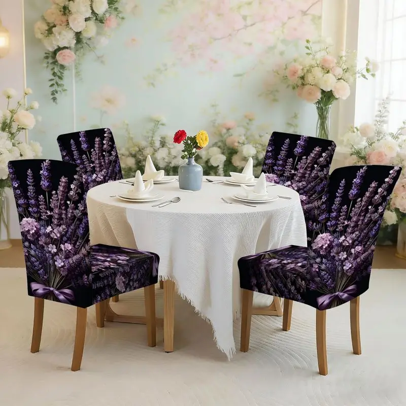 Flat print elastic dining chair cover set Purple lavender bouquet pattern, easy to install, washable, chair cover