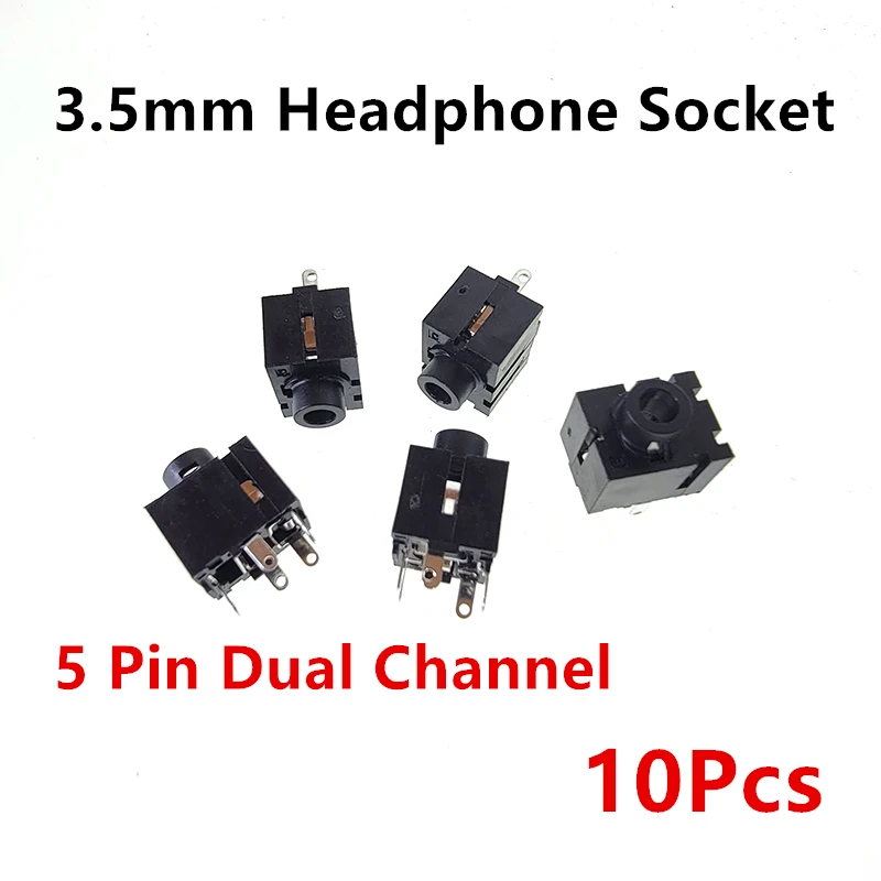10Pcs 3.5mm Headphone Socket Fully Plastic 180 Degree Vertical Straight Insertion Five Pin Dual Channel Audio Headphone Base
