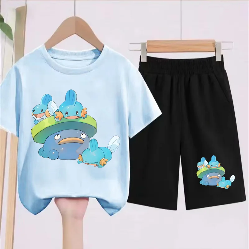 

Playful Pocket Monsters Kids T-shirt Animated Print Design O-neck Summer Boys and Girls Simple Short Sleeve+Shorts 2-piece Set