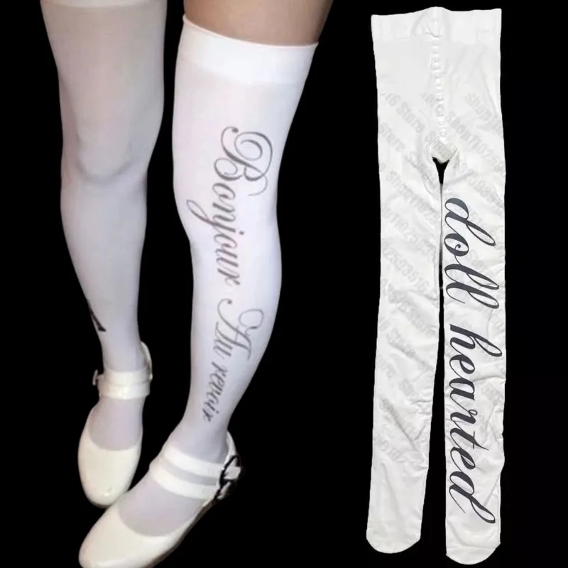 

Gothic Vintage Letter Print Thigh High Socks White Tights Edgy Fashion Stockings with Retro Alphabet Design for Women's Outfits