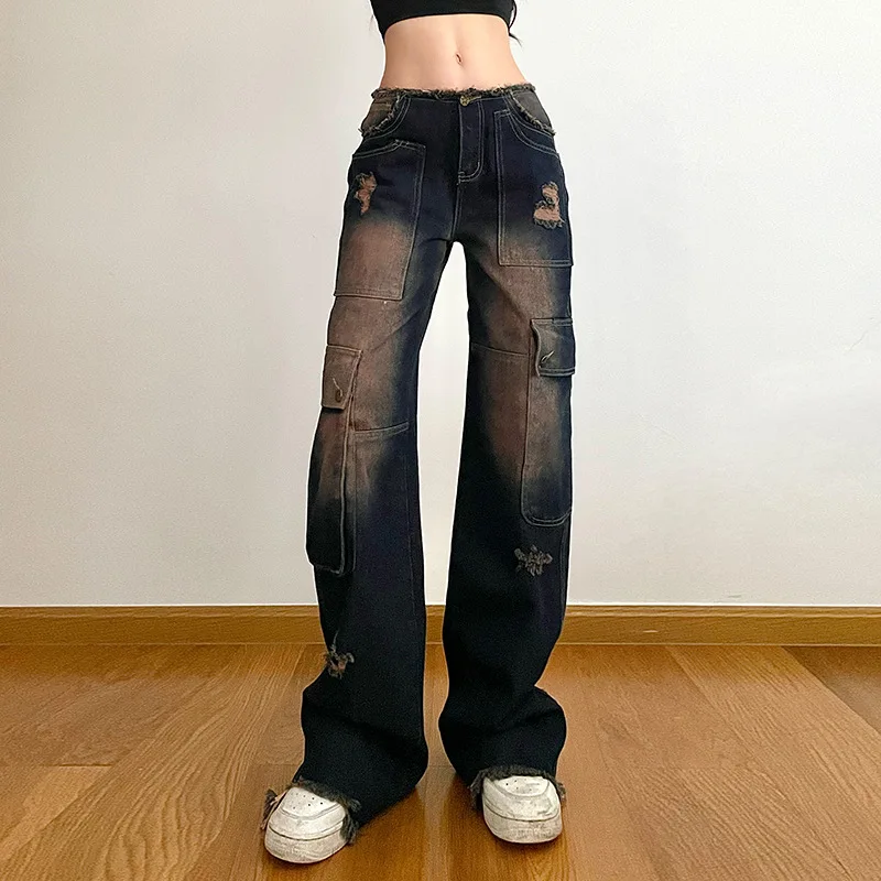 

Fashion Solid Color Multi-Pocket Pants Women Y2K Cargo Pant Women's High Streetwear Hip-Hop Pants Straight Ripped Trousers