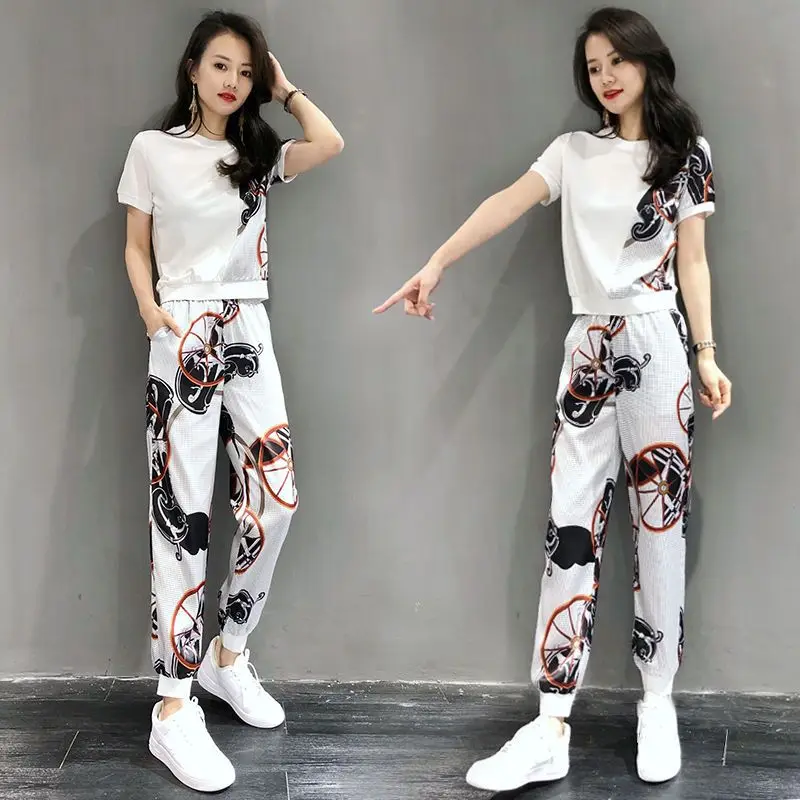 Women's Round Neck Short Sleeve Trousers Sportswear Summer New Fashion Casual Trend Solid Color Comfortable Print Two-piece Set