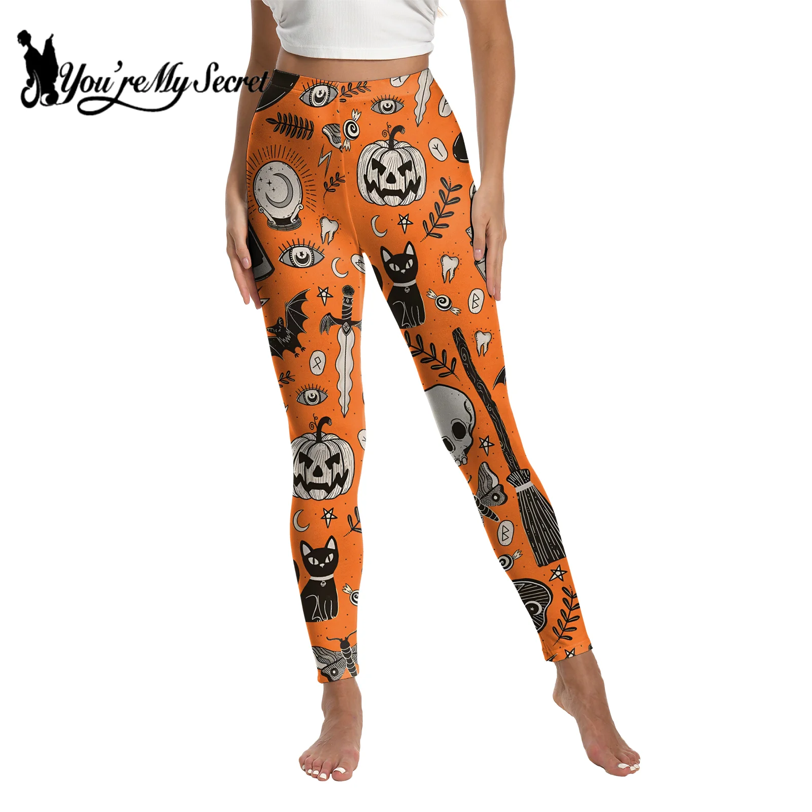 [You\'re My Secret] Summer Halloween Cosplay Pumpkin skull Print Leggings Tight Elastic High Waist Slim Skinny Pants Party Bottom