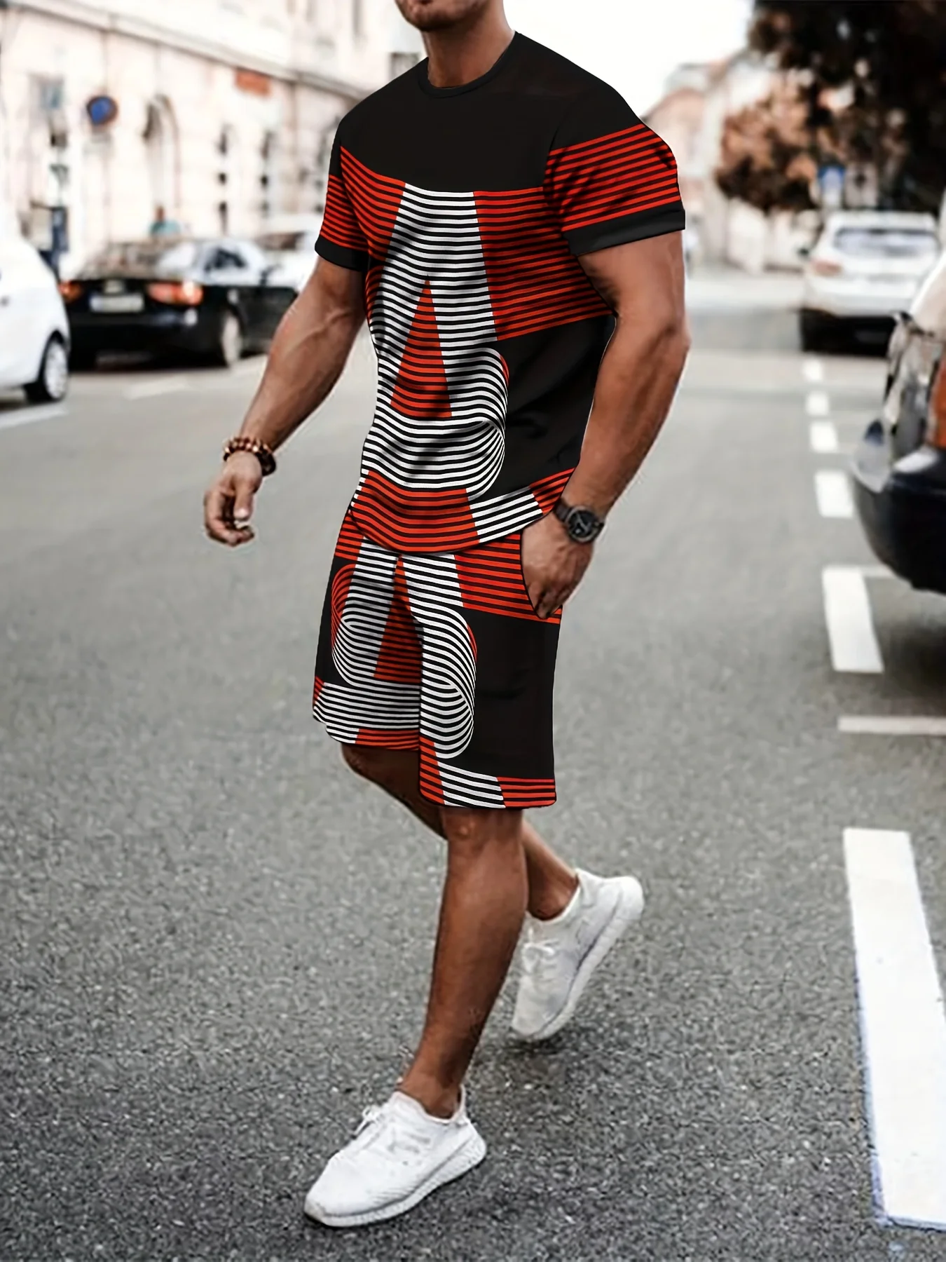 

Summer 2025 new men's casual and fashionable 2-piece set 3D printed outdoor casual men's wear