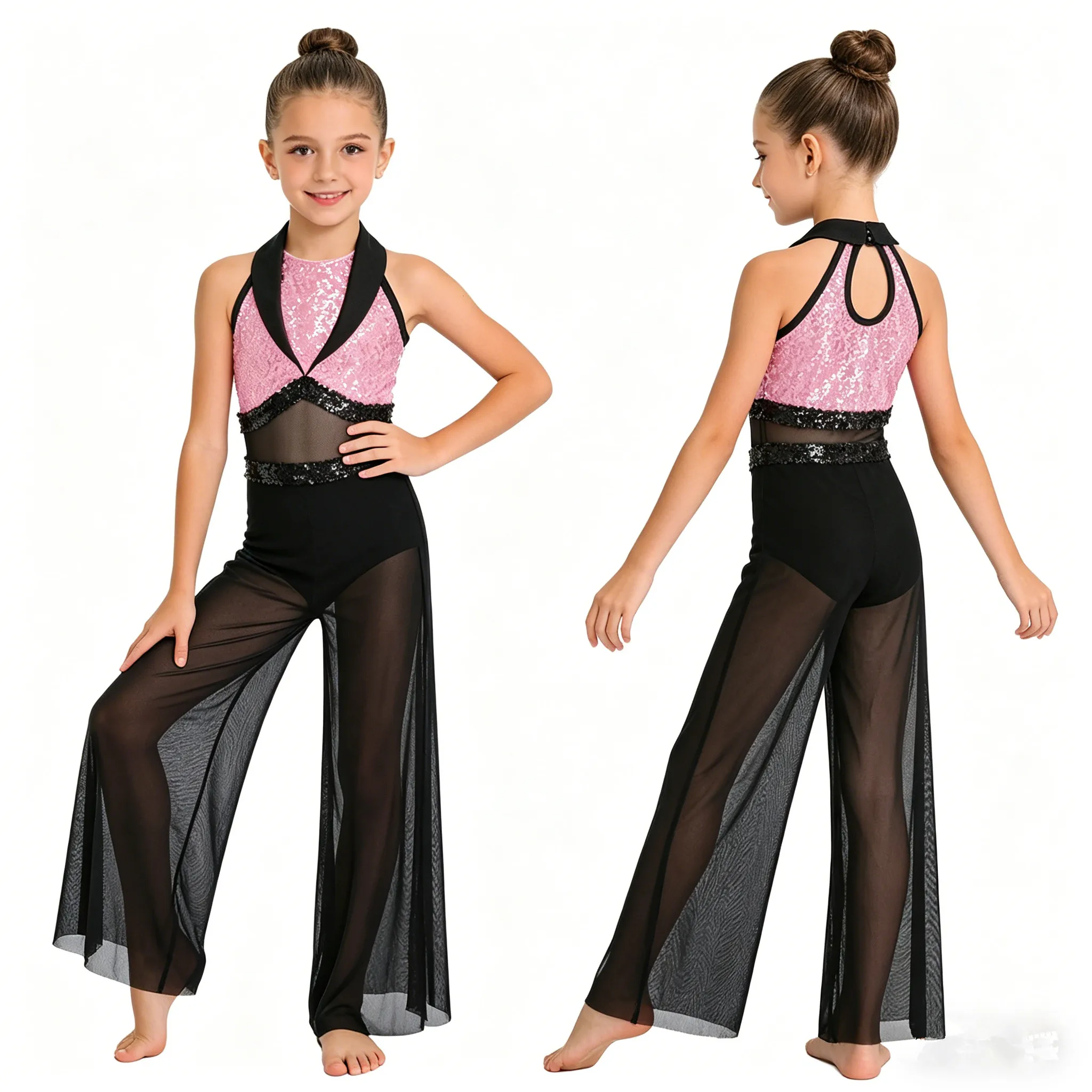 Girls Lyrical Dance Jumpsuit Shiny Sequin Sheer Mesh Jazz Dance Bodysuit Built-in Briefs Skating Gymnastics Acrobatics Costume