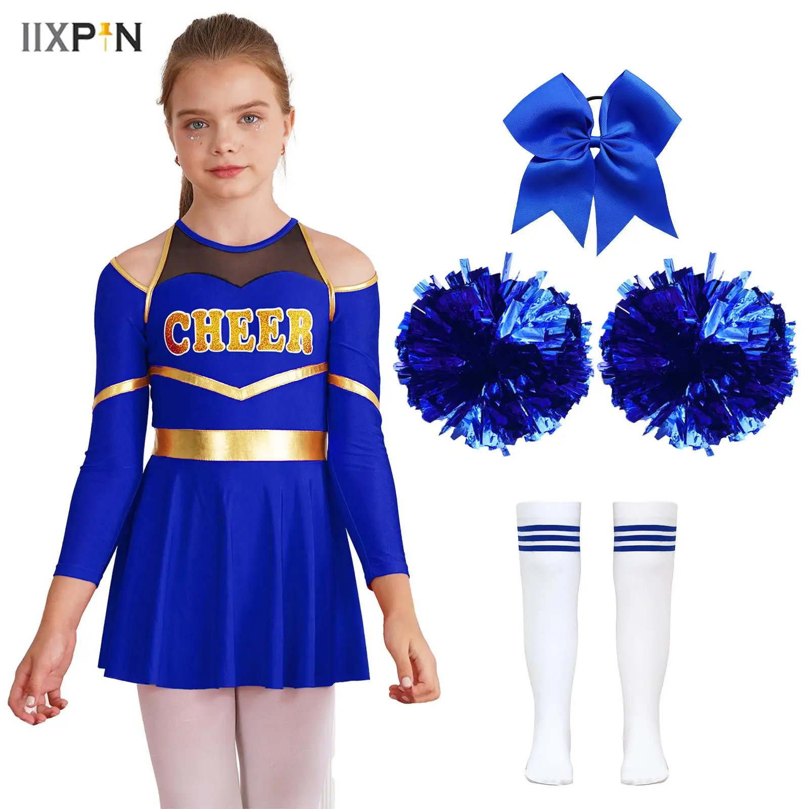 

Kids Girls Cheerleading Dance Costume Schoolgirls Dancewear Letter Print Long Sleeve Dress+Headwear+Hand Flowers+Striped Socks