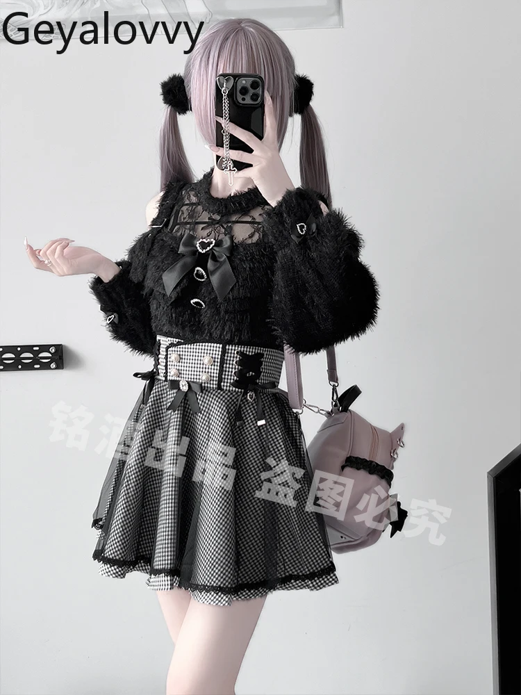 Japanese Y2K Subculture Mass-Produced Hollow Out Off-Shoulder Lace Trim Knitted Pullover Spring Autumn Long Solid Color Sweater