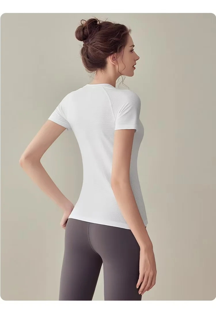 Sport-Tops Schnelltrocknend Damen Fitness Lauf-Yoga Kurzarm Feuchtigkeitsspendend Wundfreundlich Elastisch Atmungsaktives Yoga-Anzug T-Shirt – Detail 2